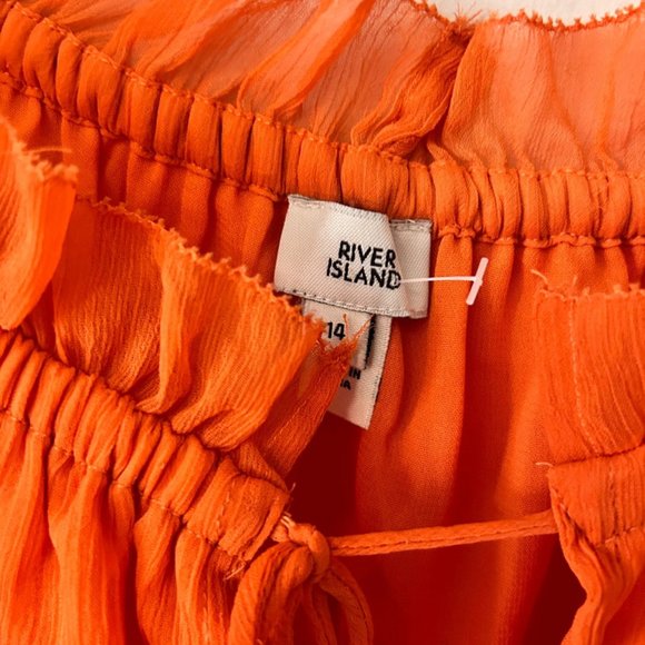 river island womens uk 14 orange chiffon ruffle stretchy tassel blouse top - Picture 6 of 6